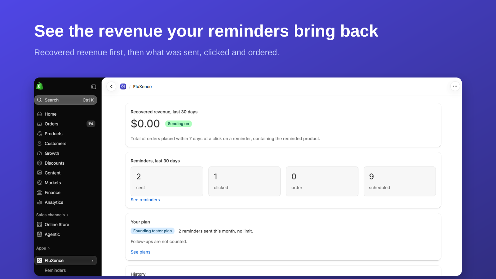 The FluXence dashboard in the Shopify admin: recovered revenue, then reminders sent, clicked and ordered.